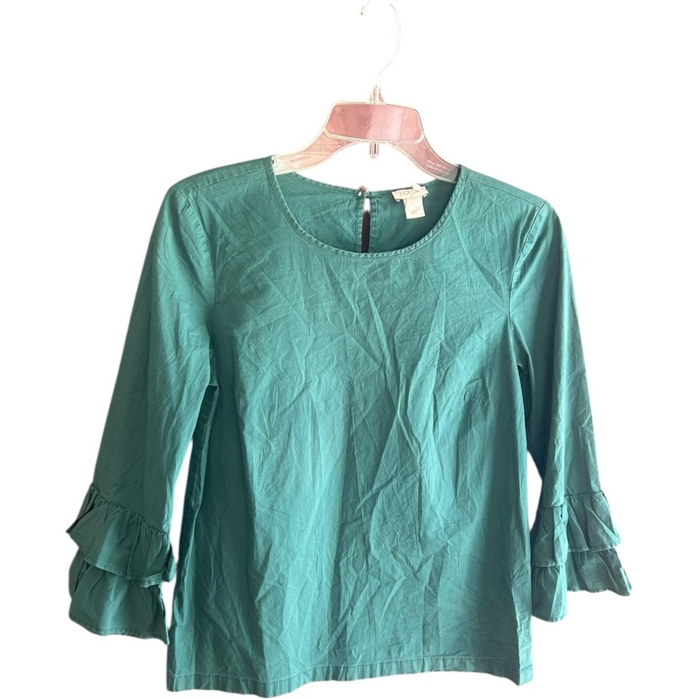 J. Crew emerald green 3/4 ruffle sleeves cotton blouse Sz 4